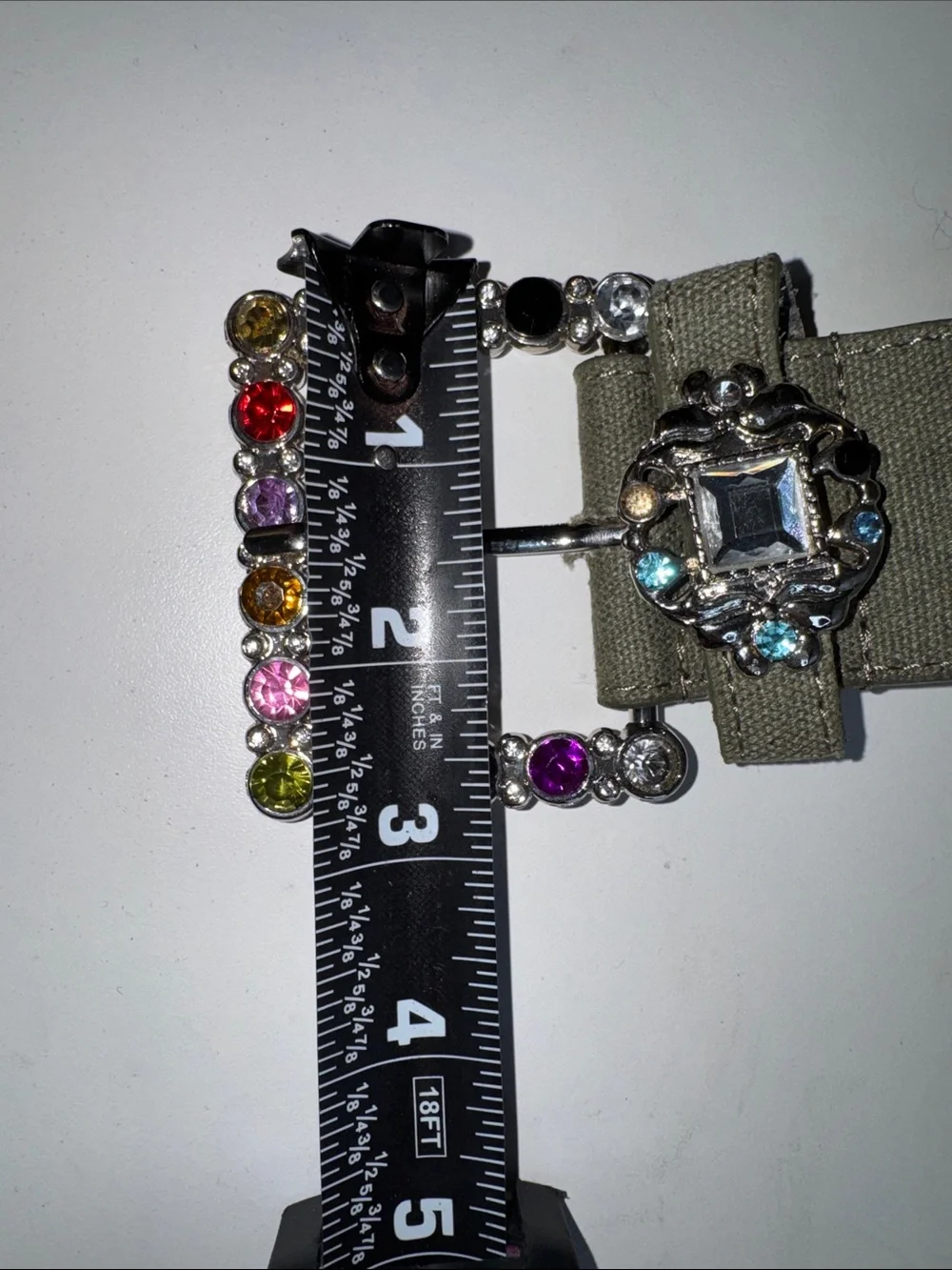 Vintage Olive Green Jeweled Statement Belt – Multicolor Rhinestone Buckle – Boho